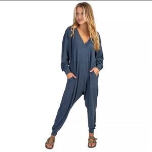 Natural Life Slouchy V-Neck Jumpsuit XS Blue Cotton Lounge One Piece Pockets